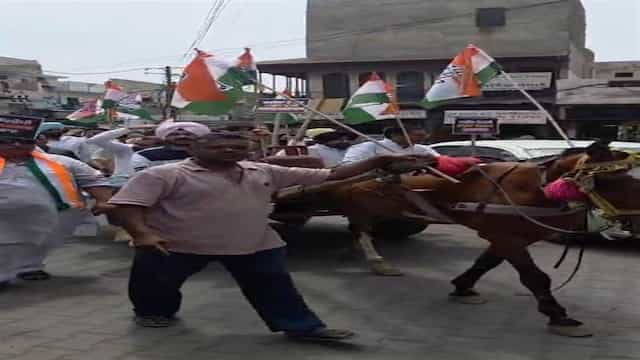 ਕਾਂਗਰਸ ਦਾ ਮਹਿੰਗਾਈ ਖ਼ਿਲਾਫ਼ ਪ੍ਰਦਰਸ਼ਨ, ਗੈਸ ਸਿਲੰਡਰ ਤੇ ਰੇਹੜੇ ਰਾਹੀਂ ਜਤਾਇਆ ਰੋਸ